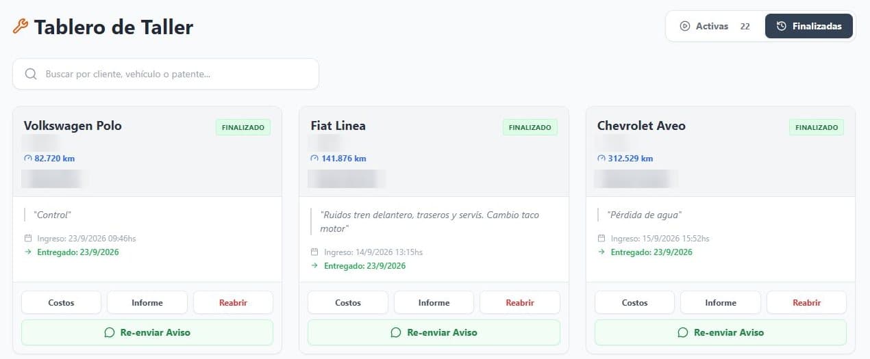 Tablero del taller con órdenes finalizadas y aviso por WhatsApp