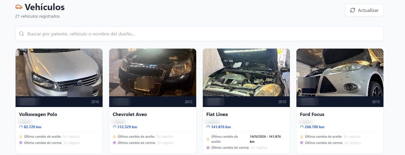 Ficha de vehículos con fotos, kilometraje y último service